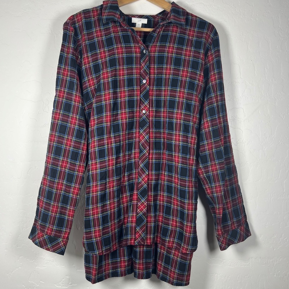J. Jill Red Black Plaid Button Front Tunic Shirt Tie Waist size large